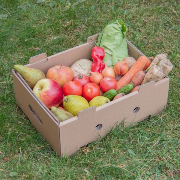 Box for fruit and vegetables 37,5x28x14,5 cm (width x length x height/ inner sizes) 40x30x15 cm outer sizes, 5-layer corrugated cardboard ca 4,5 mm brown/brown