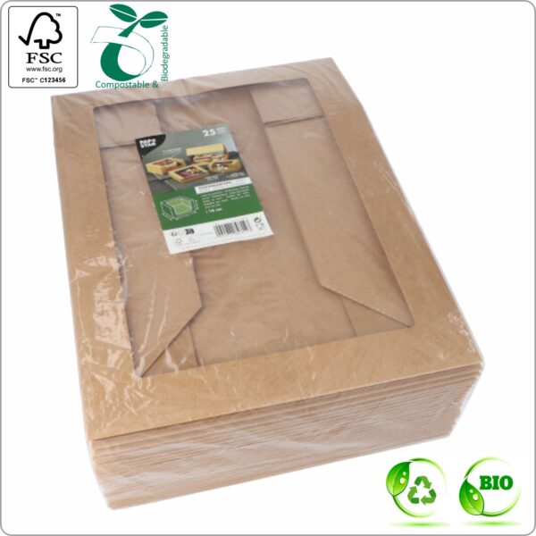 Bakery box with Lid 30x30x5,5 cm (width x length x height), brown/brown PLA Bio-coating cardboard 250 gsm FSC® certified & PLA window, 25 pcs/pack