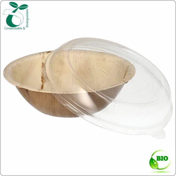 Salad bowl with Lid Palm leaf 15x8,5 cm (topØ x height) 300 ml, a set made of fallen palm leaf & recycled transparent rPET Lid, 10 set/pack