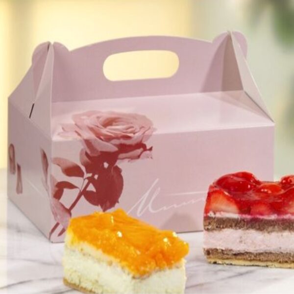 Bakery box with Handle 20x13x9 cm (width x length x height) design Rosé, white/white cardboard 350 gsm, 200 pcs/pack