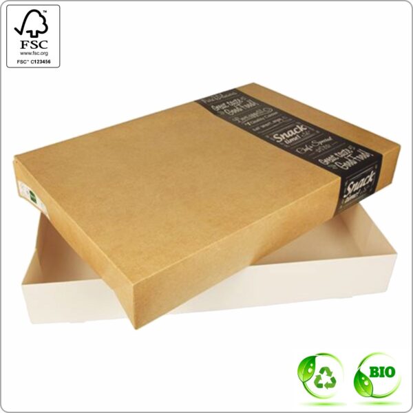 Food Catering box with Lid 35,7x24,7x8 cm (width x length x height) design Good Food, white/white greaseproof cardboard 350 gsm FSC® certified, 10 pcs/pack
