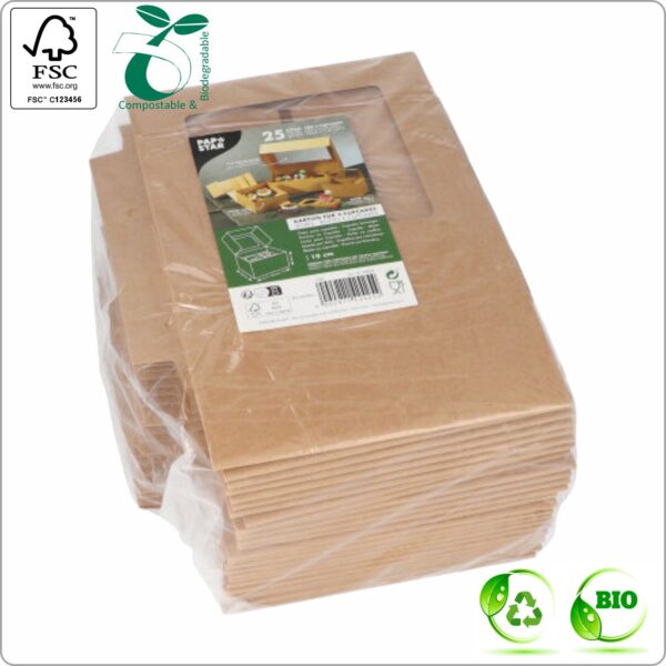Muffin and Cupcake box with lid 17,5x17,5x10 cm (width x length x height) for 4 pieces, brown/brown PLA Bio-coating cardboard 250 gsm FSC® certified & PLA window, 25 pcs/pack