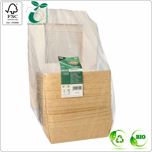 Food Snack box 19x19x5 cm (width x length x height) 1500 ml, brown/white cardboard 250 gsm FSC® certified & PLA window, 25 pcs/pack