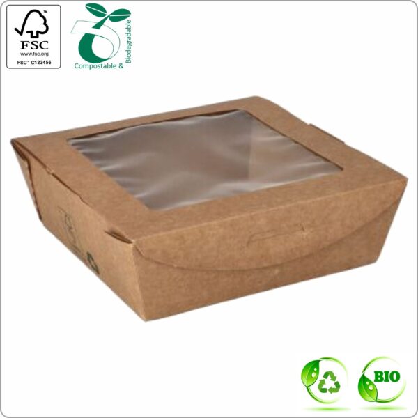 Food Snack box 18x13,5x4,5 cm (width x length x height) 1000 ml design 100% Fair, brown/brown PLA Bio-coating cardboard 310 gsm FSC® certified & PLA window, 40 pcs/pack