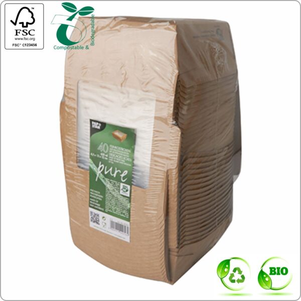 Food Snack box 18x13,5x4,5 cm (width x length x height) 1000 ml design 100% Fair, brown/brown PLA Bio-coating cardboard 310 gsm FSC® certified & PLA window, 40 pcs/pack