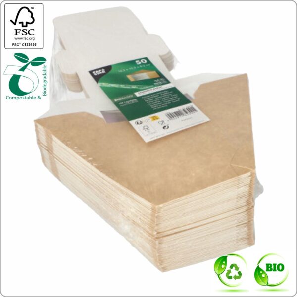 Sandwich box 12,3x12,3x5,2 cm (width x length x height) for 2 sliches, brown/white cardboard 250 gsm FSC® certified & PLA window, 50 pcs/pack