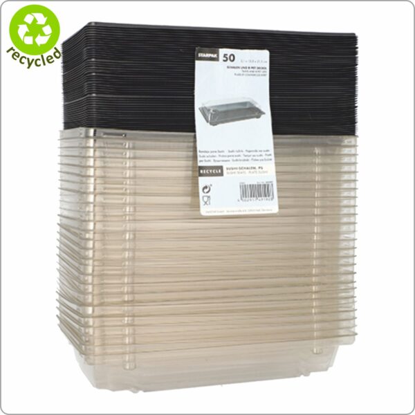 Sushi box + separate Lid 22x9,2x3,8 cm (width x length x height), a set made of recycled black & transparent rPET plastic, 50 pcs/pack