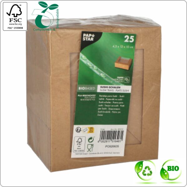 Sushi box 19,5x7x4,5 cm (width x length x height), brown/brown PLA Bio-coating cardboard 310 gsm FSC® certified & PLA window, 25 pcs/pack