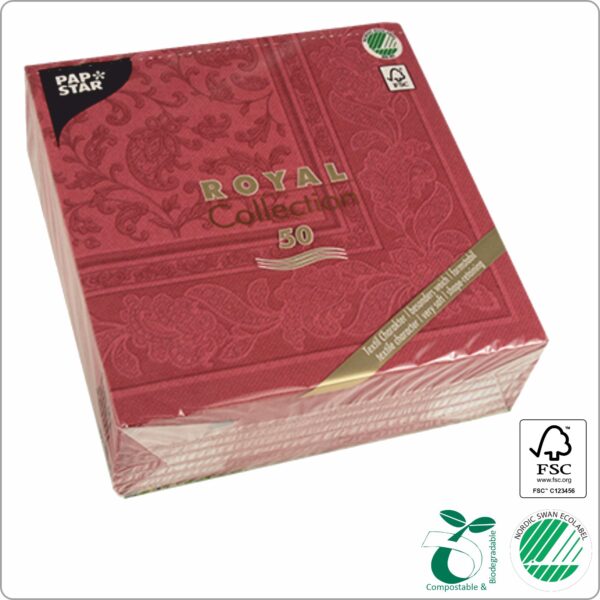 Napkins 40x40 cm 1/4 fold, design Bordeaux Ornaments ´´Royal collection´´, 3-ply premium quality paper tissue FSC® certified, 50 pcs/pack