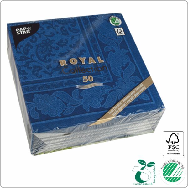 Napkins 40x40 cm 1/4 fold, design Dark Blue Ornaments ´´Royal collection´´, 3-ply premium quality paper tissue FSC® certified, 50 pcs/pack
