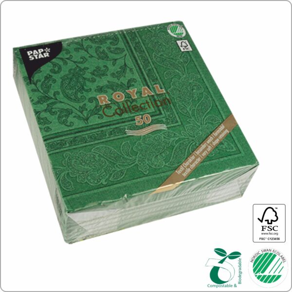 Napkins 40x40 cm 1/4 fold, design Dark Green Ornaments ´´Royal collection´´, 3-ply premium quality paper tissue FSC® certified, 50 pcs/pack