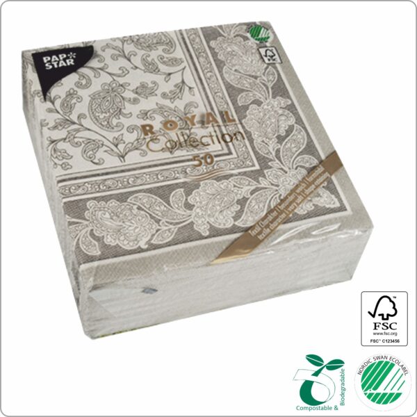 Napkins 40x40 cm 1/4 fold, design Gray Ornaments ´´Royal collection´´, 3-ply premium quality paper tissue FSC® certified, 50 pcs/pack