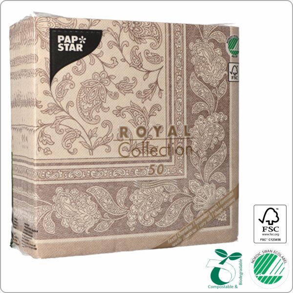 Napkins 40x40 cm 1/4 fold, design Mocca Ornaments ´´Royal collection´´, 3-ply premium quality paper tissue FSC® certified, 50 pcs/pack