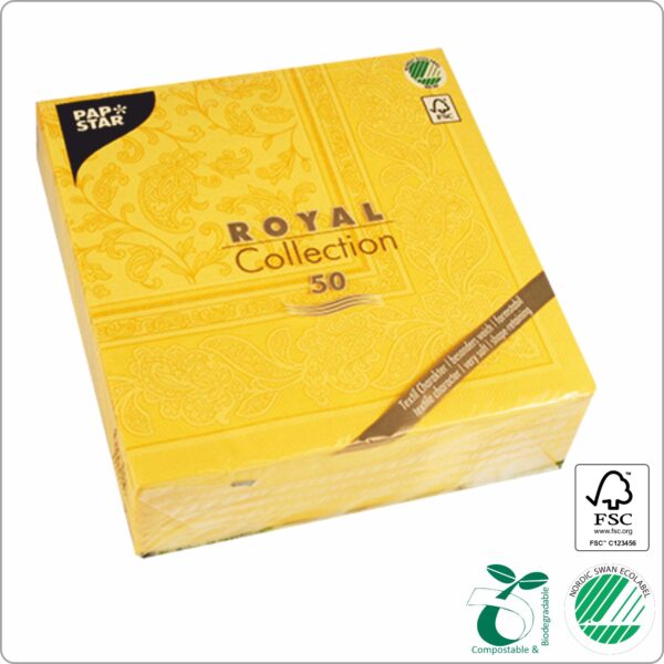 Napkins 40x40 cm 1/4 fold, design Yellow Ornaments ´´Royal collection´´, 3-ply premium quality paper tissue FSC® certified, 50 pcs/pack