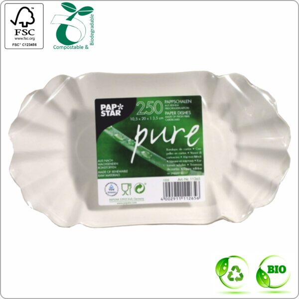 Plate 20x10,5x3,5 cm (width x length x height) oval, white/white cardboard 300 gsm FSC® certified, 250 pcs/pack