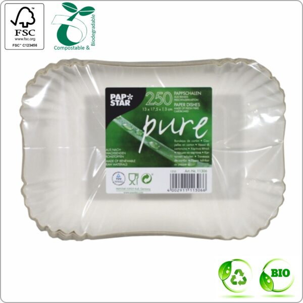 Plate 17,5x13x3 cm (width x length x height) square, white/white cardboard 320 gsm FSC® certified, 250 pcs/pack