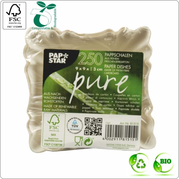 Plate 9x9x3 cm (width x length x height) square, white/white cardboard 280 gsm FSC® certified, 250 pcs/pack